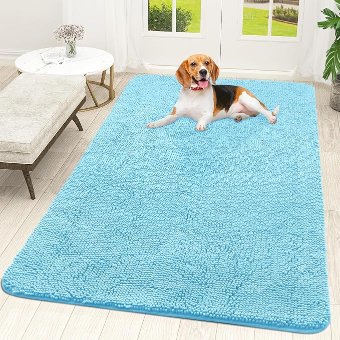 OLANLY Dog Door Mat for Muddy Paws 59x35, Absorbs Moisture and Dirt, Absorbent Non-Slip Washable Doormat, Quick Dry Chenille Mud Mat for Dogs, Entry Indoor Entryway Carpet for Inside Floor, Blue by OLANLY