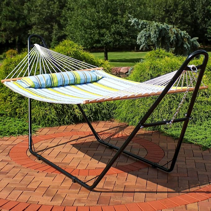 Sunnydaze Double Quilted Fabric Hammock with Universal Steel Stand - 450-Pound Capacity - Black Stand - Blue and Green - Image 7