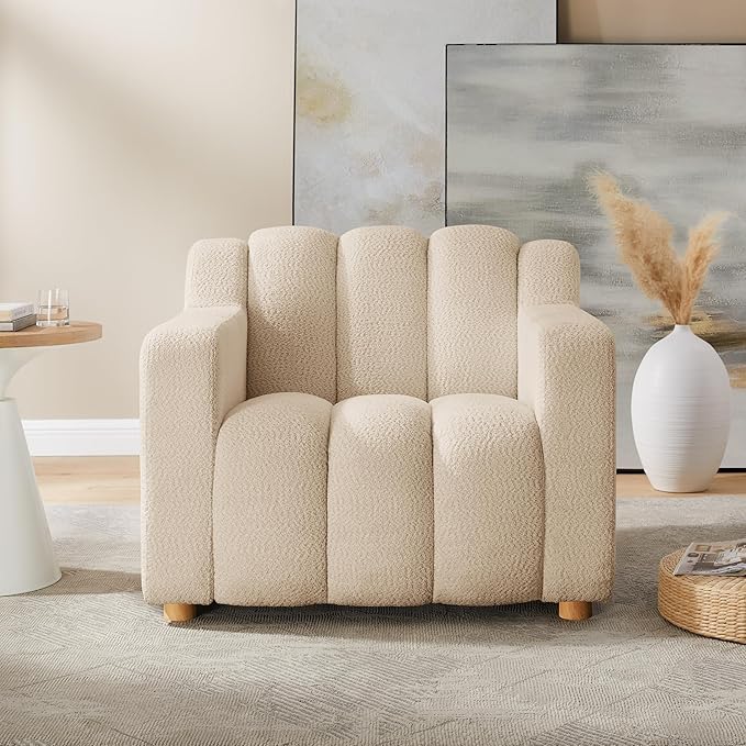 Modern Oversized Living Room Chairs, 40" Wide Boucle Accent Chairs with Deep Seat and Wooden Legs, Comfy Reading Arm Chair for Bedroom, Apartment, Beige