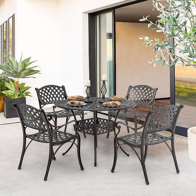 NUU GARDEN Outdoor 5-Piece Patio Dining Set, 4 Patio Chairs and 42'' Round Dining Table with 2.24" Umbrella Hole, Cast Aluminum Frame, for Patio, Deck, Garden, Backyard, Balcony, Antique Bronze - Image 2