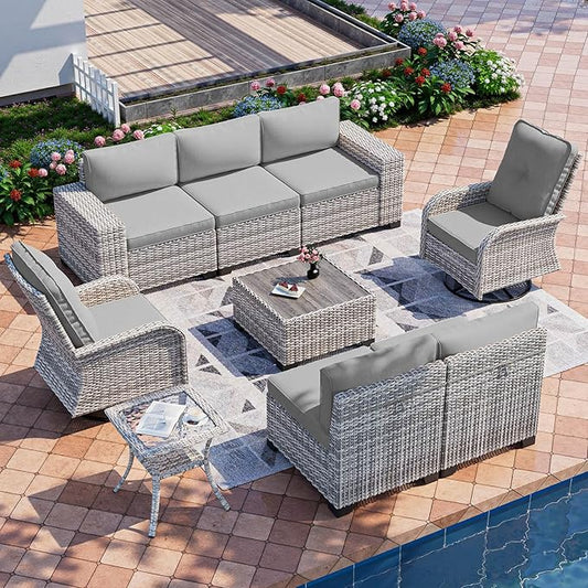 9-Piece Outdoor Patio Furniture Set with Rocking Swivel Chair Wicker Sectional Sofa Set, Patio Conversation Set with Thickened Cushions & Coffee Table for Garden, Backyard, Poolside, Grey