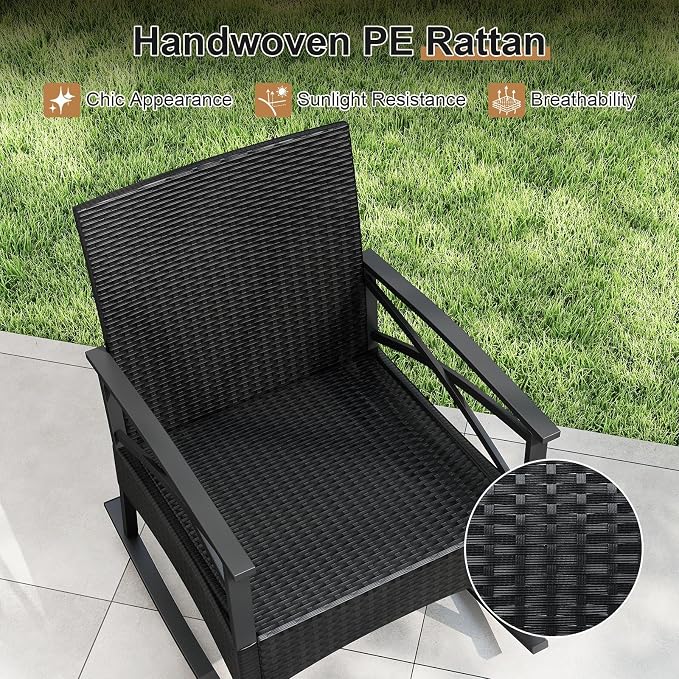 Tangkula 3 Pieces Outdoor Rocking Chairs Set, Rattan Heavy Duty Cushioned Rocker Chairs with 2-Tier Tempered Glass Coffee Table, for Garden, Balcony, Backyard (Black+Gray) - Image 7