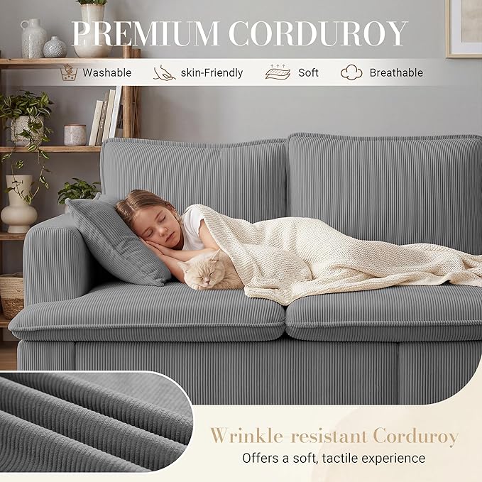 3 Seater Couch, 83" Comfy Corduroy Sofa with Deep Seat, Modern Sofa Couch for Living Room, Office, Bedroom, Apartment (Pillows not Included)