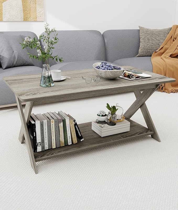 Modern Coffee Table with Storage Shelf, Simple Rectangular Tea Tables for Living Room Bedroom Home Office French Oak Grey