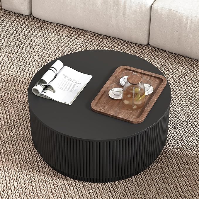 31.5" Round Coffee Table with Storage, Modern Accent Coffee Tables with Fluted Base, Wooden Circle Center Table for Living Room Small Space Apartment Office (Black)