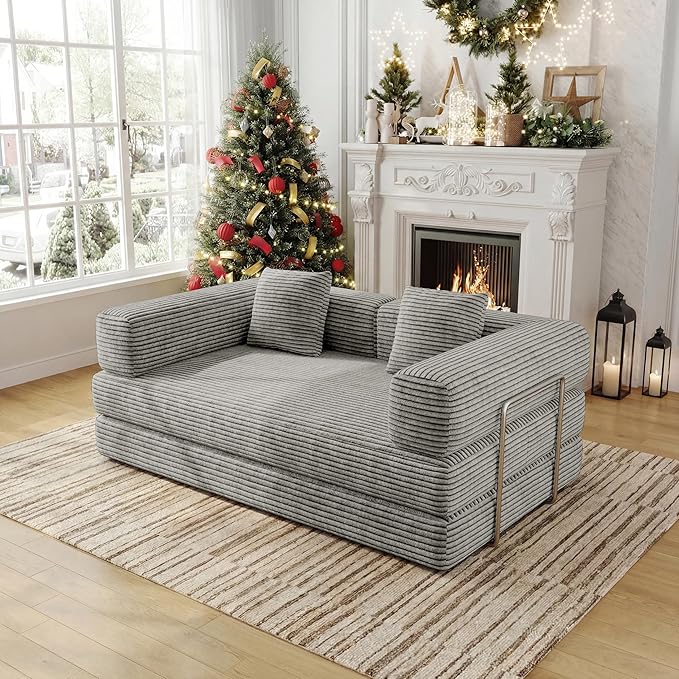 4 in 1 Futon Sofa Bed Queen Size - Foldable Convertible Sleeper Sofa Couch with L-Shaped Armrests Space Saving Floor Mattress for Bedroom & Dorm(Light Gray, 59” 2 Seat)