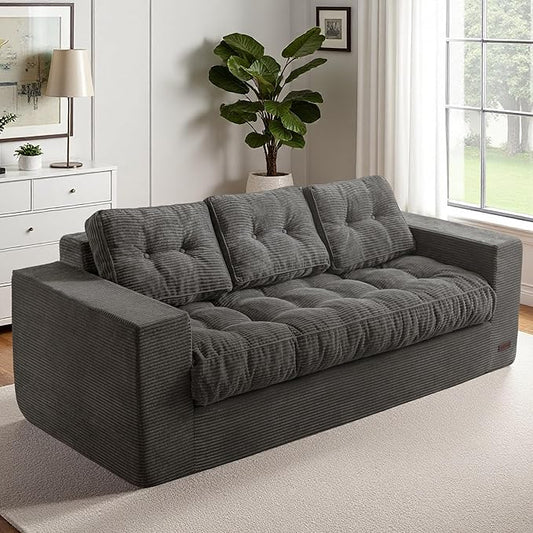 MAXYOYO Oversized Loveseat Sofa Couch, Upholstered Bean Bag Chair Cloud 3-Seat for Adults, Boneless Couch with Tufted Cushion & Pillows, Sofa in A Box, No Assembly Required, Dark Grey