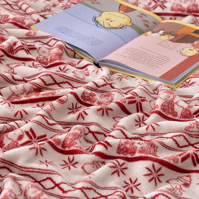 Berkshire Peanuts® VelvetLoft® Cute Character Snoopy Plush Blanket,Cozy Fairisle Crimson Neutral,King 90 in x 108 in (Official Peanuts® Product)
