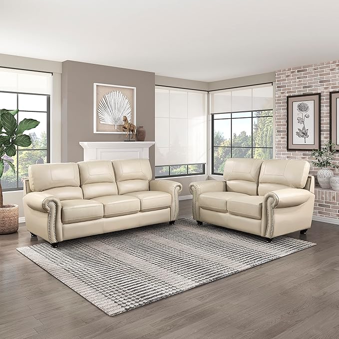 Lexicon Leather Match Couch for Living Room with Wood Frame, Rolled Armrest & Nailhead Trim, Top Grain Leather Match Sofa for Bedroom, Office, Waiting Room, 2-Seater Loveseat, Cream