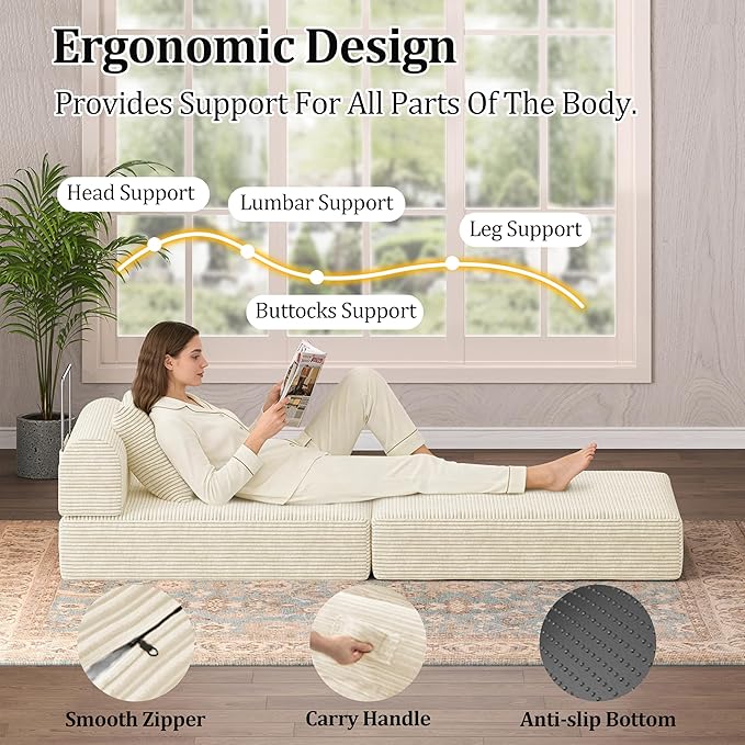 HouseMila Sofa Bed Couch,Convertible Boneless Couch Compressed Chair Comfy Boneless Chair Floor Lounge Chair with Pillow,No Assembly Folding Sofa Beds for Living Room Bedroom Guest Room(Single,Beige