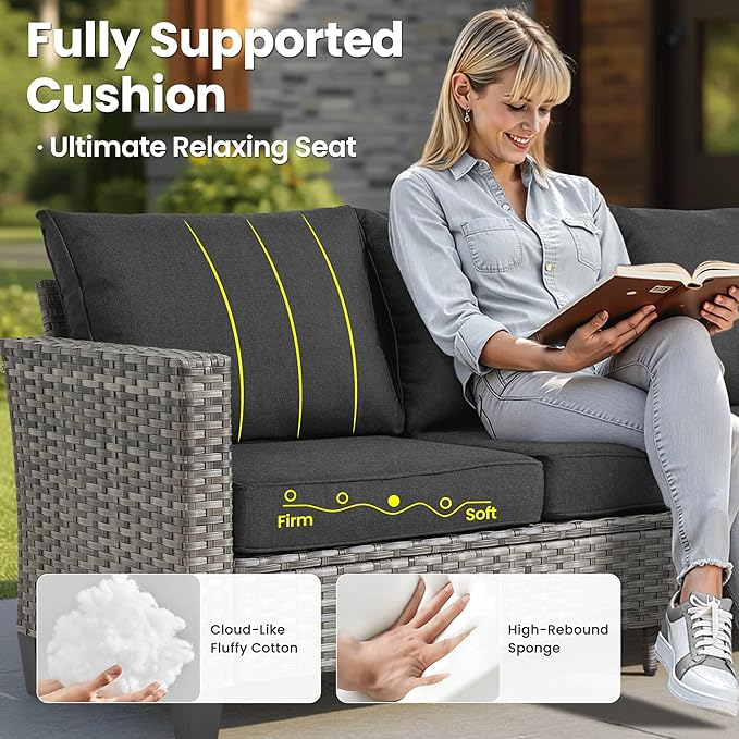 ovios 8 Pieces Patio Furniture Set with 54" Fire Pit Table, Outdoor Wicker Sofa with Comfy Cushions, All Weather High Back Rattan Couch Conversation Set, Black