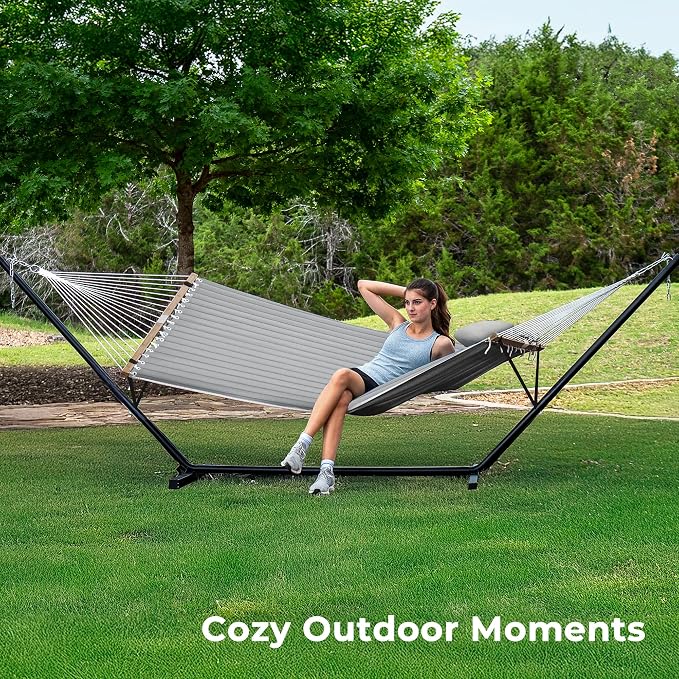 SUPERJARE Hammock with Stand, 2 Person Quilted Outdoor Hammock, Detachable Pillow & Bamboo Spreaders, Portable Hammock with Carrying Bag, Heavy Duty Stand, Perfect for Outside, Patio, Gray - Image 2