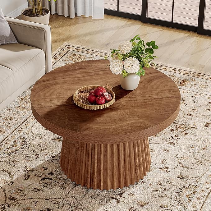 Tribesigns Coffee Table, 31.5" Small Farmhouse Round Coffee Tables with Fluted Drum Base, Mid Century Modern Farmhouse Accent Center Table for Living Room, Apartment, Small Space, Walnut