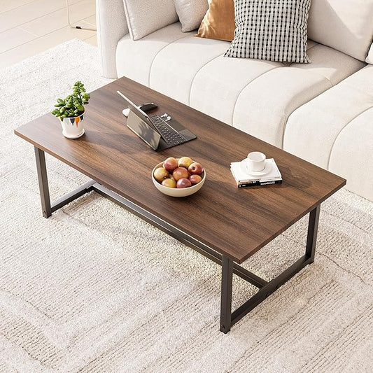 35.4" Rectangular Coffee Table for Living Room, Modern Industrial Style Coffee Table Center Table with Metal Frame for Small Space, Apartment, Office, Easy Assembly, Walnut