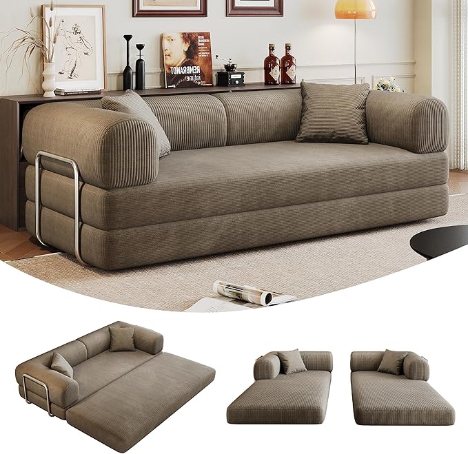 79" Convertible Sofa Bed, Corduroy Folding Pull Out Couch with Pillows, No Assembly Modern Boneless Couch Compression Sofa in Box, Floor Sofa with Support Rods for Living Room,Camel