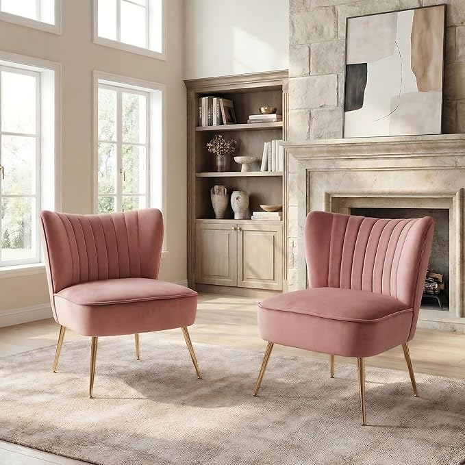 DUOMAY Modern Accent Chair Set of 2 Velvet Slipper Chair with Gold Legs Wingback Side Chair for Living Room Bedroom Entryway Small Corner Chair for Space Saving, Blush Pink