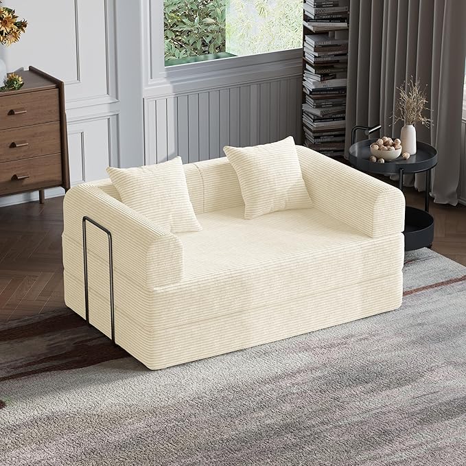 HouseMila 53.15" Boneless Couch,4-in-1 Futon Sofa Bed Modular Loveseat Sleeper Folding Compressed Couch with Pillows,No Assembly Required Convertible Sofa Bed for Living Room Bedroom Guest Room,Beige