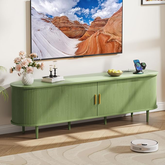 DHH 70.8 Inch Mid Century Modern TV Stand with Power Outlet for TVs up to 80 Inch, Entertainment Center with Storage and Adjustable Shelves, Media Console with Sliding Doors for Living Room(Green) by DHHFurnitureBuyNow