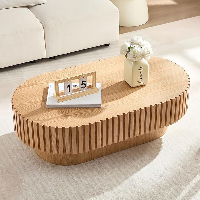 Oak Coffee Table for Living Room Oval Wooden Coffee Table with Pedestal Modern Handcrafted Centre Table Tea Table Easy Assembly 43.7"
