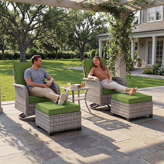 Outdoor Patio Furniture Set Patio Rocking Swivel Chair with Tempered Glass Side Table, Outdoor Wicker Rattan Bistro Set with Ottomans for Garden, Deck, and Balcony, Avocado Green