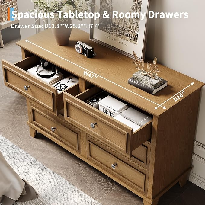GAOMON Dresser for Bedroom, 6 Drawer Wide Dresser Storage Organizer, Modern Wooden Chest of Drawers with Metal Handles for Hallway, Entryway, Home Office, Brown - Image 5