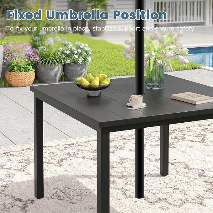 DIFY 5 Pieces Outdoor Patio Dining Set for 4, 40.2" Black Square Metal Dining Table and 4 Brown Stackable Textilene Patio Chairs, Outdoor Table and Chairs for Backyard Garden Poolside - Image 3