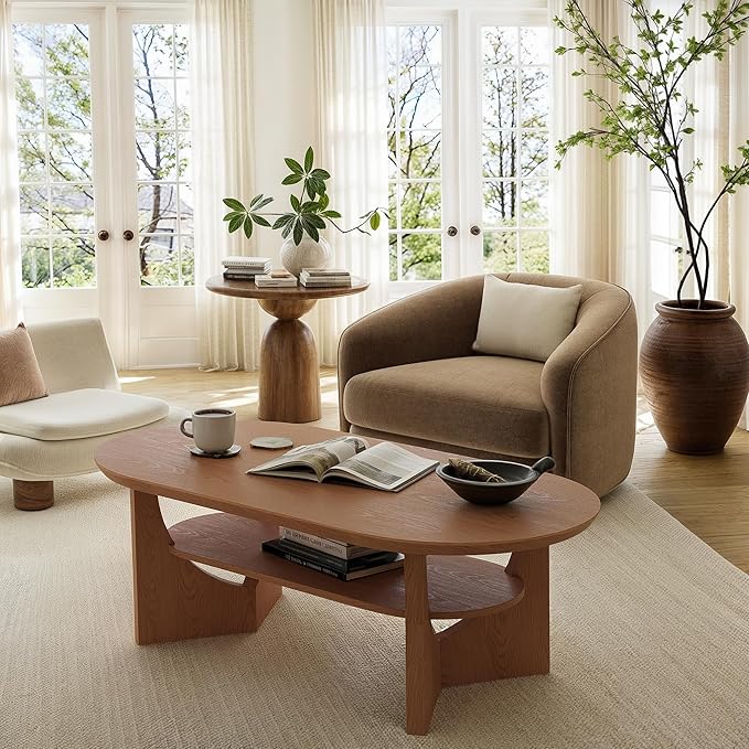 Mid Century Modern Coffee Table, 47" Oval Wood Coffee Tables for Living Room, 2 Tier Curved Round Center Table with Storage Shelf & Sturdy Base, Minimalist Retro Tea Tables