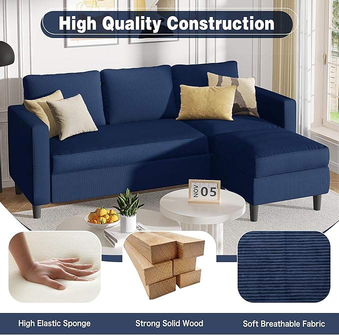 Shintenchi Small Sectional Sofa Couches,L Shape Convertible Sofa with Ottoman,3 Seat Comfy Corduroy Upholstered Sofa Couch,Small Couch for Apartment,Living Room and Office(Blue)