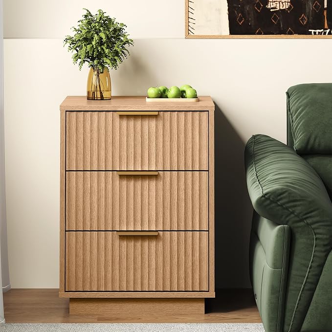 RoyalCraft Fluted Nightstand Set of 2, Modern Bedside Table with 3 Large Storage Drawers, Wood End Table with Metal Handle for Bedroom, Natural Oak - Image 7