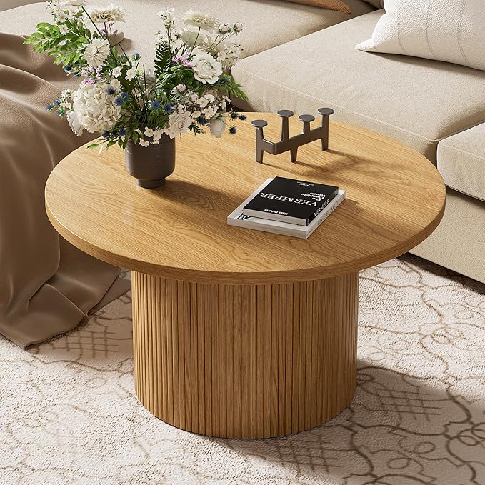 Round Coffee Table, 35.4" Circle Wide Coffee Table, Wood Table and Center Table for Living Room, Natural