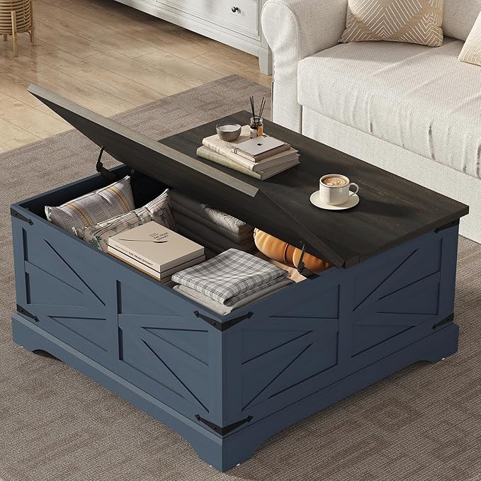 Furnideco 35.5''W Square Coffee Table Farmhouse Lift top Coffee Table with Large Hidden Storage, Wood Center Table for Living Room, Home Office, Blue