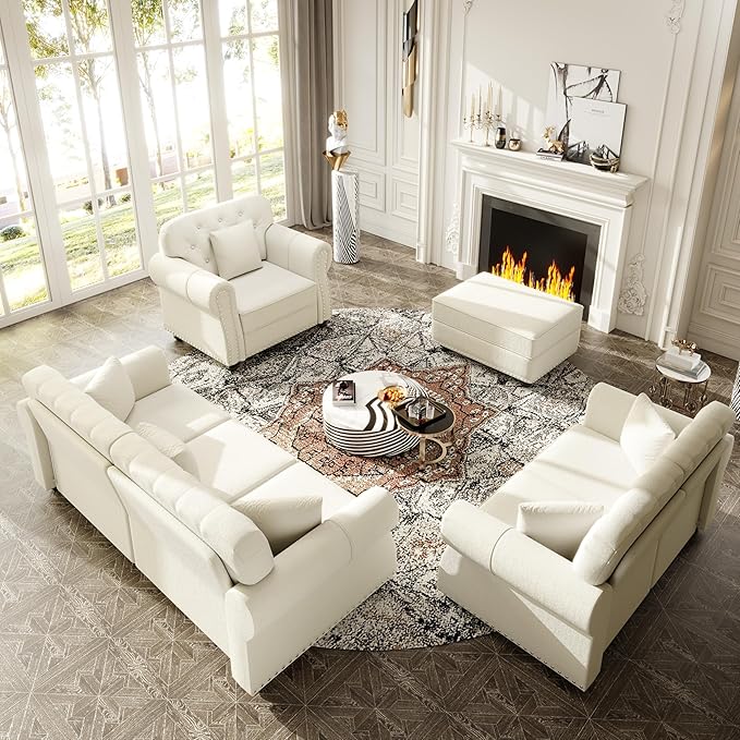 KEIKI 3-Piece Chesterfield Sofa Set with 1 Velvet 3-Seater Sofa & 1 Loveseat & 1 Single Sofa, 6-Seater Couch Set with Nailhead Trim & Rolled Arms & 1 Ottoman & 6 Pillow, for Living Room, White