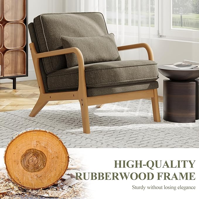 MALOL Accent Chair Set of 2 with Solid Wood Frame, Mid-Century Relaxing Armchair Lumbar Pillow& Soft Cushion, Reading Leisure Chair for Living Room, Bedroom, Waiting Room-Green