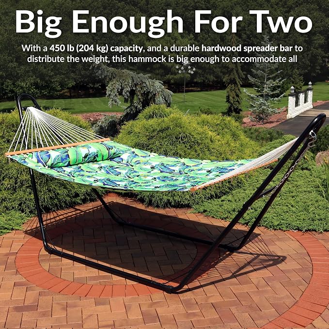 Sunnydaze Quilted Double Hammock for Outside with Spreader Bars and Pillow - 450 lb Capacity, 74x55 Inch Bed, UV Resistant, Quick Dry - Chains Included, Stand Sold Separately - Exotic Foliage - Image 6