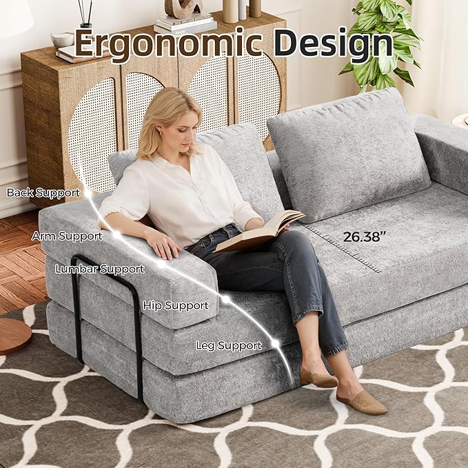 Convertible Sofa Bed, 4-in-1 DIY Combination Modular Couch with Pillows, Comfy Boneless Sleeper Sofa Bed with Fixed-Shape Frame, Chenille Convertible Lounge Couch for Living Room, Light Gray