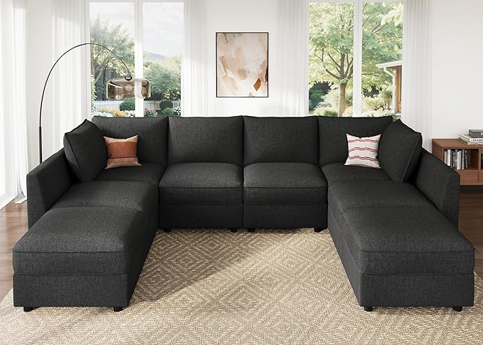 HONBAY Modular Sectional Sofa Couch with Storage, Modern U Shaped Sectional Sofa, Convertible Couches for Living Room - Linen Grey