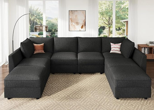 HONBAY Modular Sectional Sofa Couch with Storage, Modern U Shaped Sectional Sofa, Convertible Couches for Living Room - Linen Grey