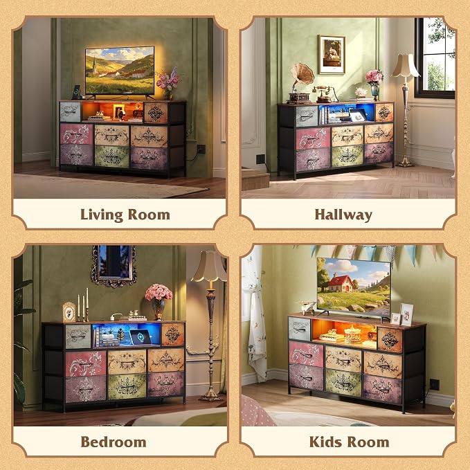 WLIVE Dresser TV Stand for 45, 50, 55 inch TV, Entertainment Center with LED Lights & Charging Station, Chest of Drawers with 8 Fabric Drawers and Open Shelves for Living Room, Hallway, Pattern - Image 3