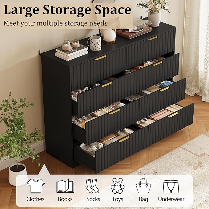 8 Drawer Dresser and Nightstand Sets for Bedroom, Modern Fluted 3 Pcs Bedroom Dresser Furniture Sets, Wood Chest of Drawers and Nightstand Set of 2 with Metal Handles, Black