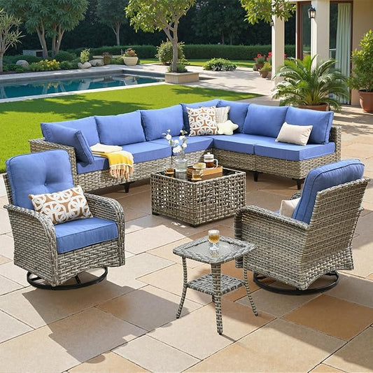 10 Piece Outdoor Patio Furniture with Swivel Rocking Chair, Rattan Wicker Conversation Set with Glowing Coffee Table, Sectional Single Chairs for Porch Balcony Backyard Pool,Light Blue