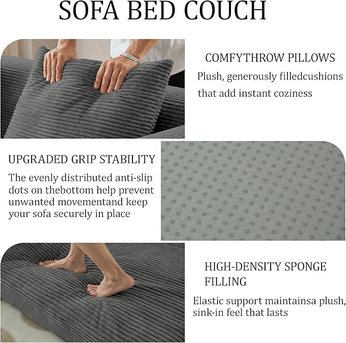 HouseMila 53.15" Boneless Couch,4-in-1 Futon Sofa Bed Modular Loveseat Sleeper Folding Compressed Couch with Pillows,No Assembly Required Convertible Sofa Bed for Living Room Bedroom Guest Room,Grey
