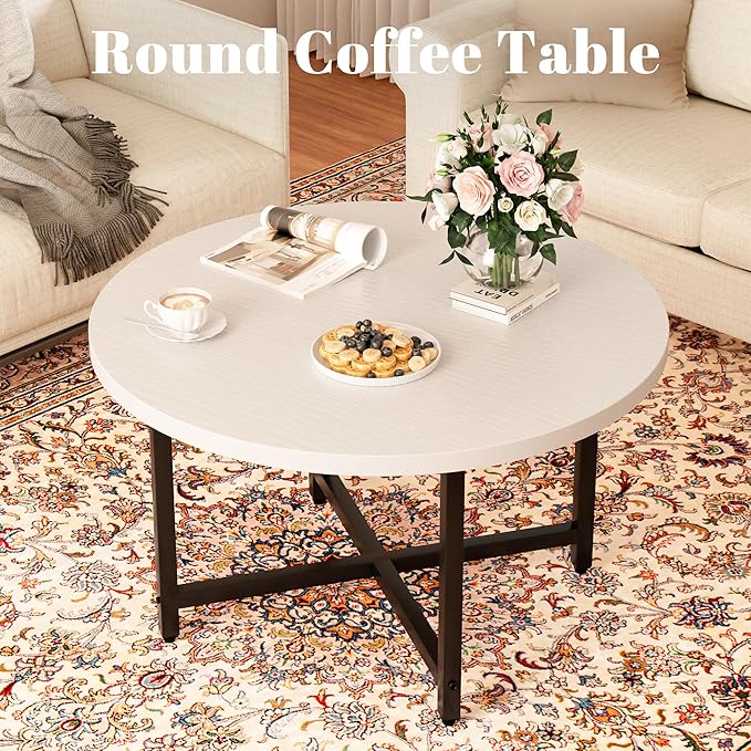 Round Coffee Table, Small Coffee Tables for Living Room, Low Wood Coffee Table with Metal Frame, Floor Table Desk for Sitting on The Floor, Home, Office, White(23.6" D x 17.7" H)