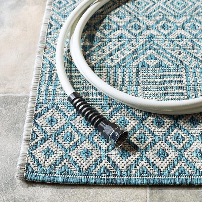 SAFAVIEH Courtyard Collection 4' x 5'7" Grey/Aqua CY8235 Indoor/ Outside Waterproof Easy cleansingPatio Backyard Mudroom Area Mat - Image 6