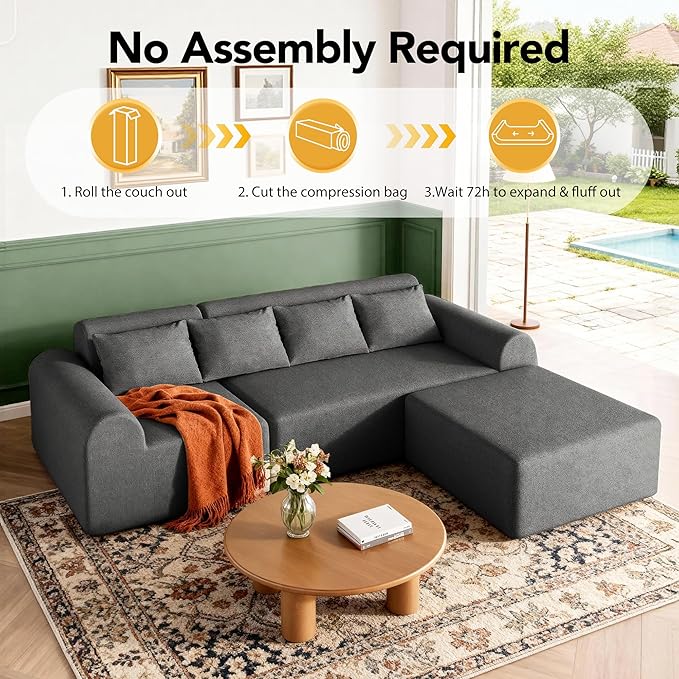 Rengue 105.5" Cloud Boneless Sectional Sofa for Living Room, 4-Seater L-Shaped Comfy Couch with Ottoman, 4 Pillows, Deep Seat Chenille Sofa, No Assembly Required (Dark Grey) 72h to Restore