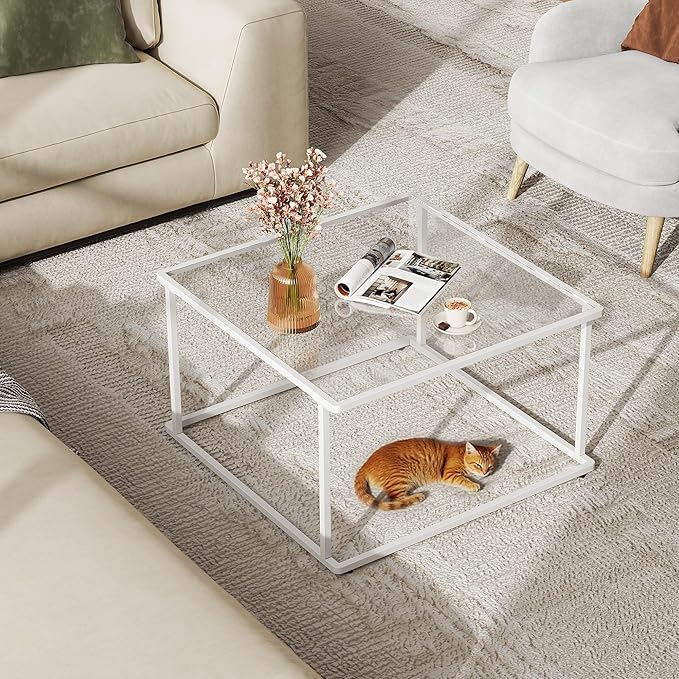 WLIVE Coffee Table, Glass Coffee Table for Living Room, Modern Small Coffee Table with Tempered Glass & Metal Frame, Square Center Table for Small Spaces Apartment, Office, 26.4 x 26.4in, White