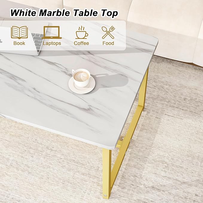 35.4" Rectangular Coffee Table, Modern Industrial Style Coffee Table Center Table with Metal Frame for Small Space Living Room, Apartment, Office, Easy Assembly, White