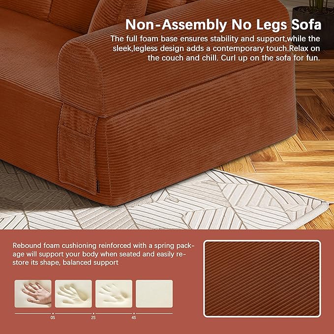 83" Modern Sofa in a Box, No Assembly Oversized 3 Seater 28" Deep Seat Cloud Sofa Bed Couch with 4 Furry Pillows & Corduroy Fabric, Boneless Couch with Side Storage Pockets for Living Room, Orange