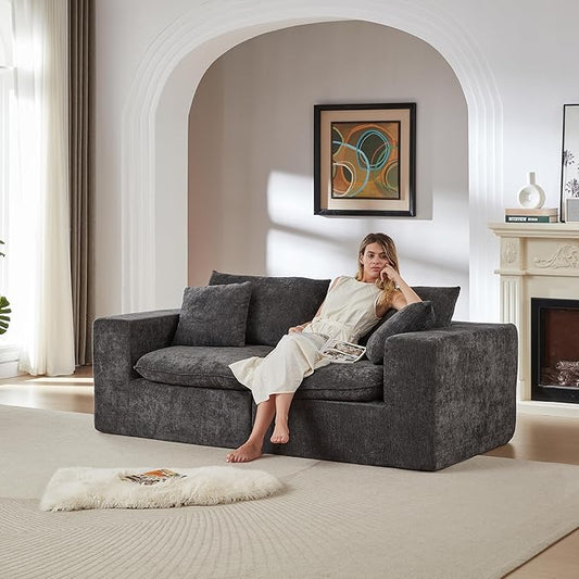 78-Inch Boneless Love Seat Couches in a Box, Modern 2 Seat Floor Modular Foam Cloud Sofa Chenille Loveseat Couch W/Wide Square Armrests for Home Apartments Bedroom