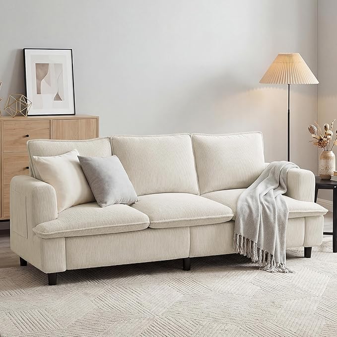 3 Seater Couch, 83" Comfy Corduroy Sofa with Deep Seat, Modern Sofa Couch for Living Room, Office, Bedroom, Apartment (Pillows not Included)