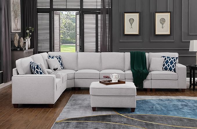 ERYE 151-Inch U-Shaped Sectional Sofa Linen Upholstered Corner Convertible Sectional,9 PCS Modular Couch with Ottoman,Storage Console, Cupholders and Charging Station